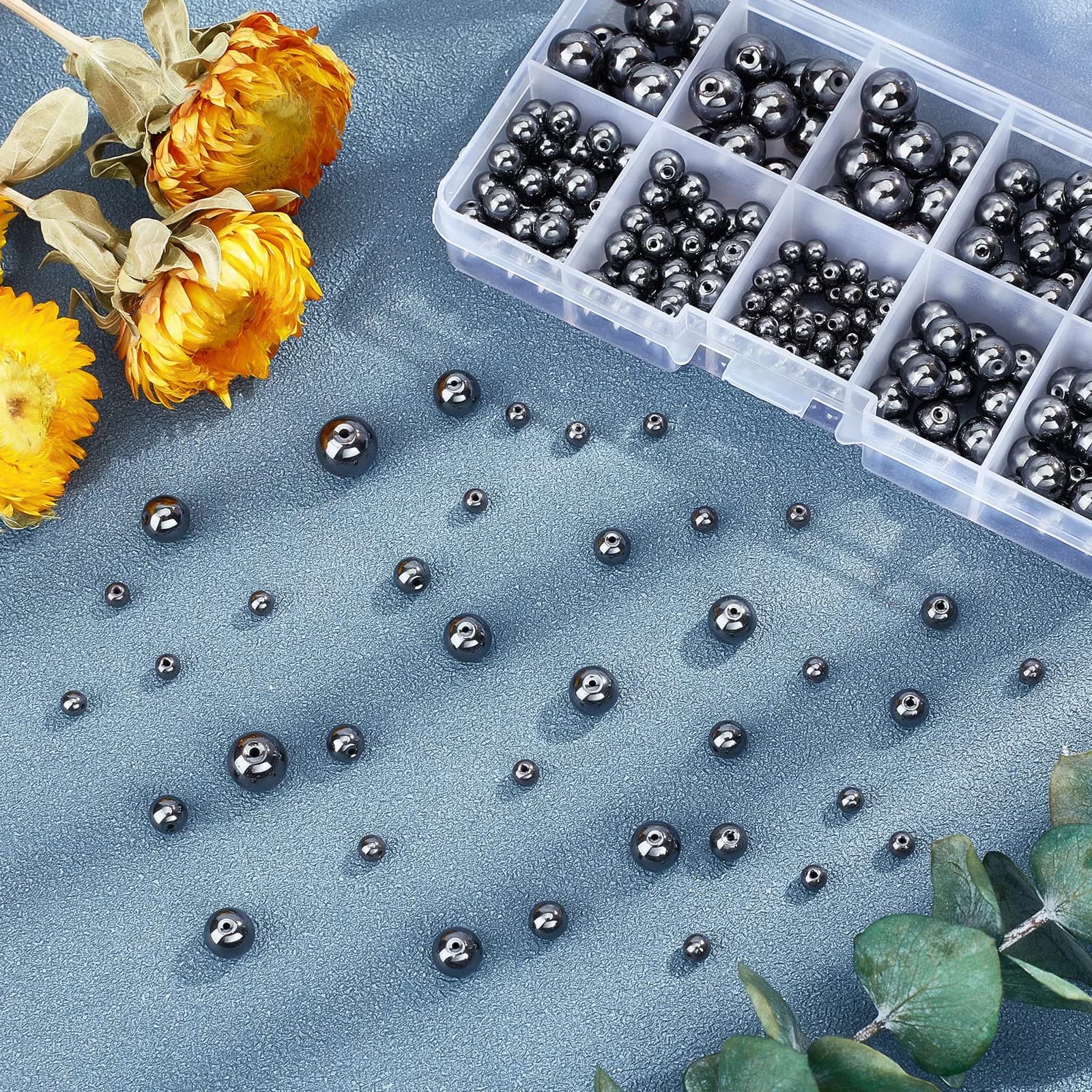PH PandaHall Black Synthetic Hematite Beads 316pcs 4 Sizes Round Gemstone Beads | 4mm-10mm - view 7