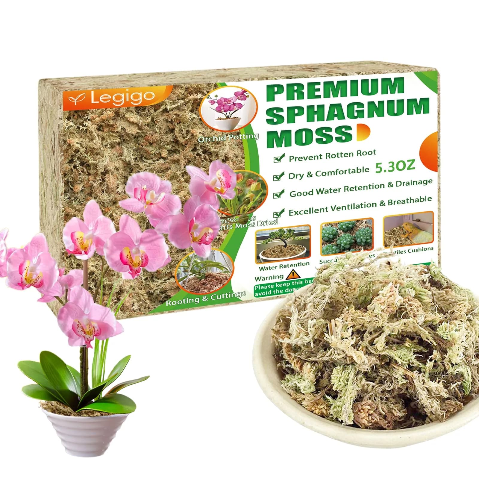 Legigo Premium Sphagnum Moss - 6 Quart (5.3 oz) Natural Long Fiber for Orchids & Succulents - main product image