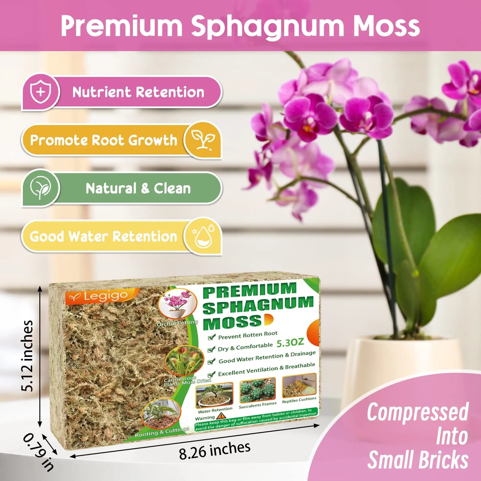 Legigo Premium Sphagnum Moss - 6 Quart (5.3 oz) Natural Long Fiber for Orchids & Succulents - view 2