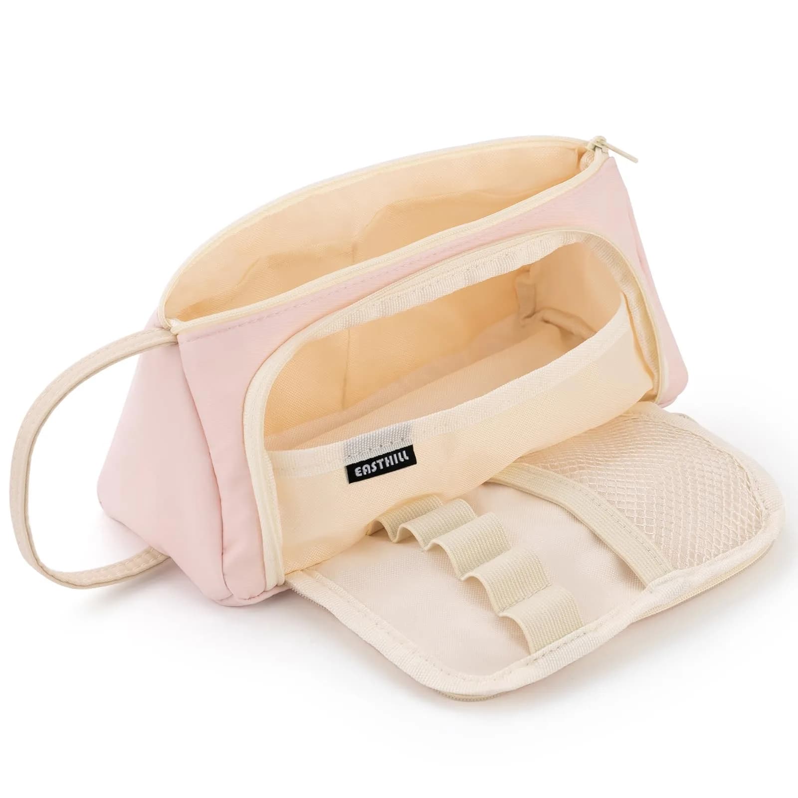 EASTHILL Large Capacity Pencil Case Organizer | Simple Pink Polyester Stationery Pouch with Handheld Band - main product image