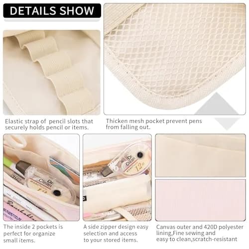EASTHILL Large Capacity Pencil Case Organizer | Simple Pink Polyester Stationery Pouch with Handheld Band thumbnail 4