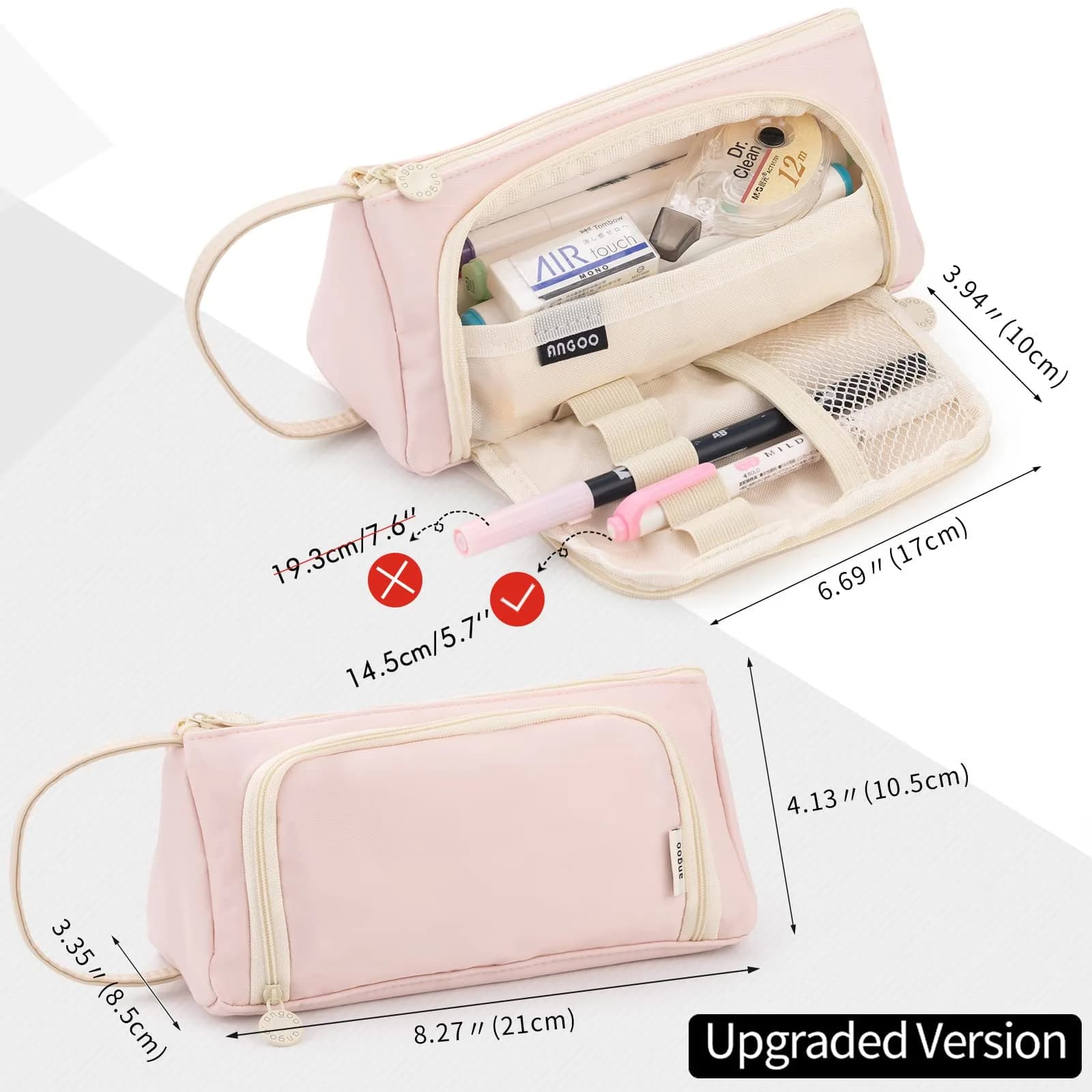 EASTHILL Large Capacity Pencil Case Organizer | Simple Pink Polyester Stationery Pouch with Handheld Band - view 5