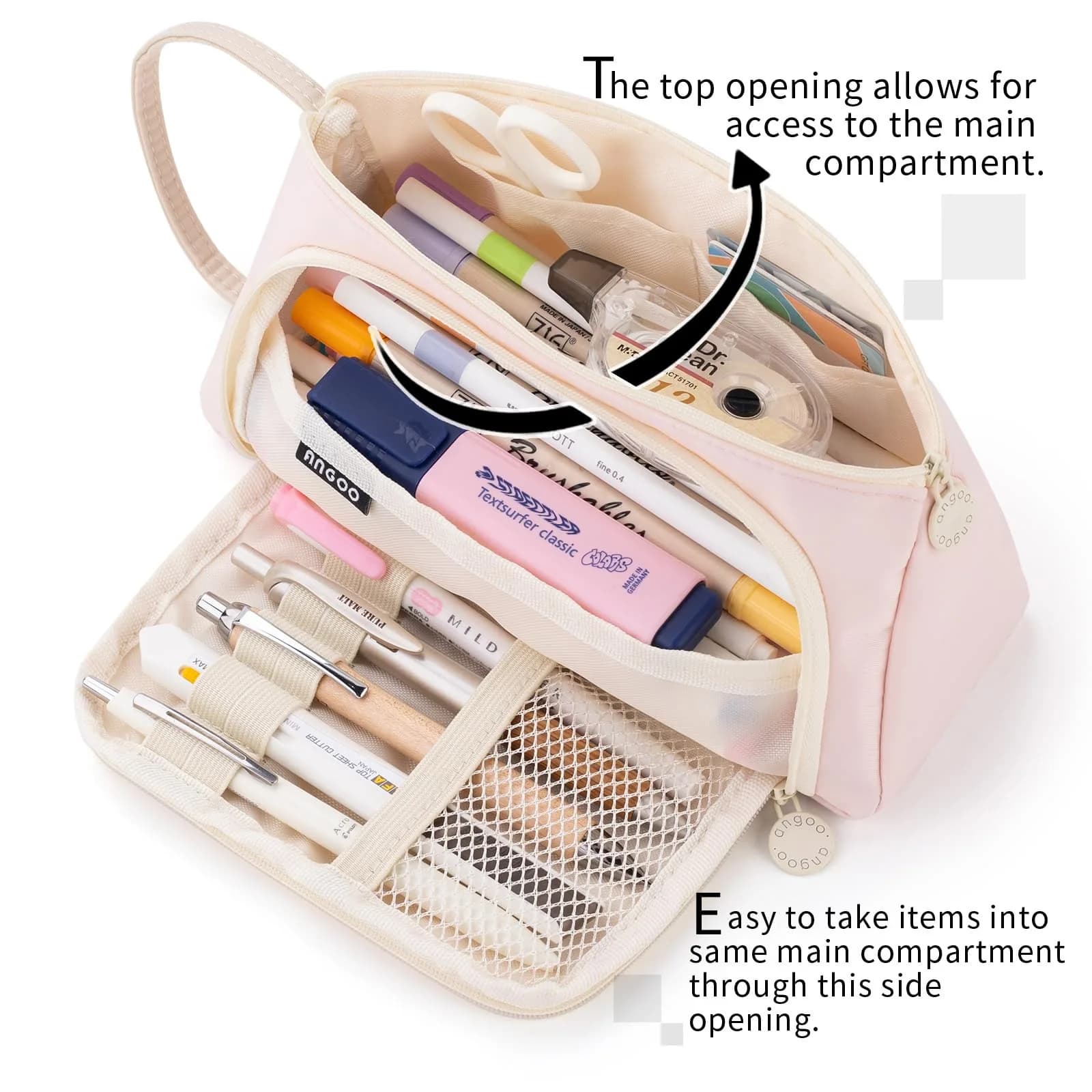 EASTHILL Large Capacity Pencil Case Organizer | Simple Pink Polyester Stationery Pouch with Handheld Band - view 2
