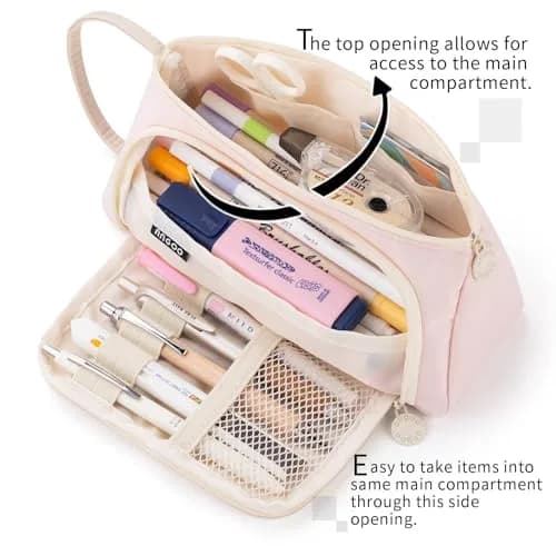 EASTHILL Large Capacity Pencil Case Organizer | Simple Pink Polyester Stationery Pouch with Handheld Band thumbnail 2