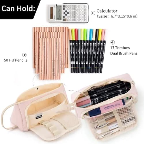 EASTHILL Large Capacity Pencil Case Organizer | Simple Pink Polyester Stationery Pouch with Handheld Band thumbnail 3