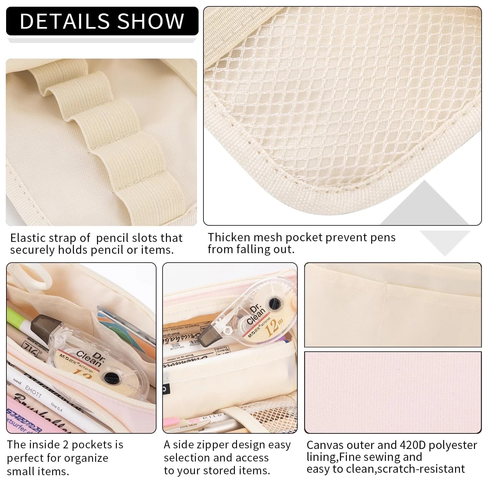EASTHILL Large Capacity Pencil Case Organizer | Simple Pink Polyester Stationery Pouch with Handheld Band - view 4