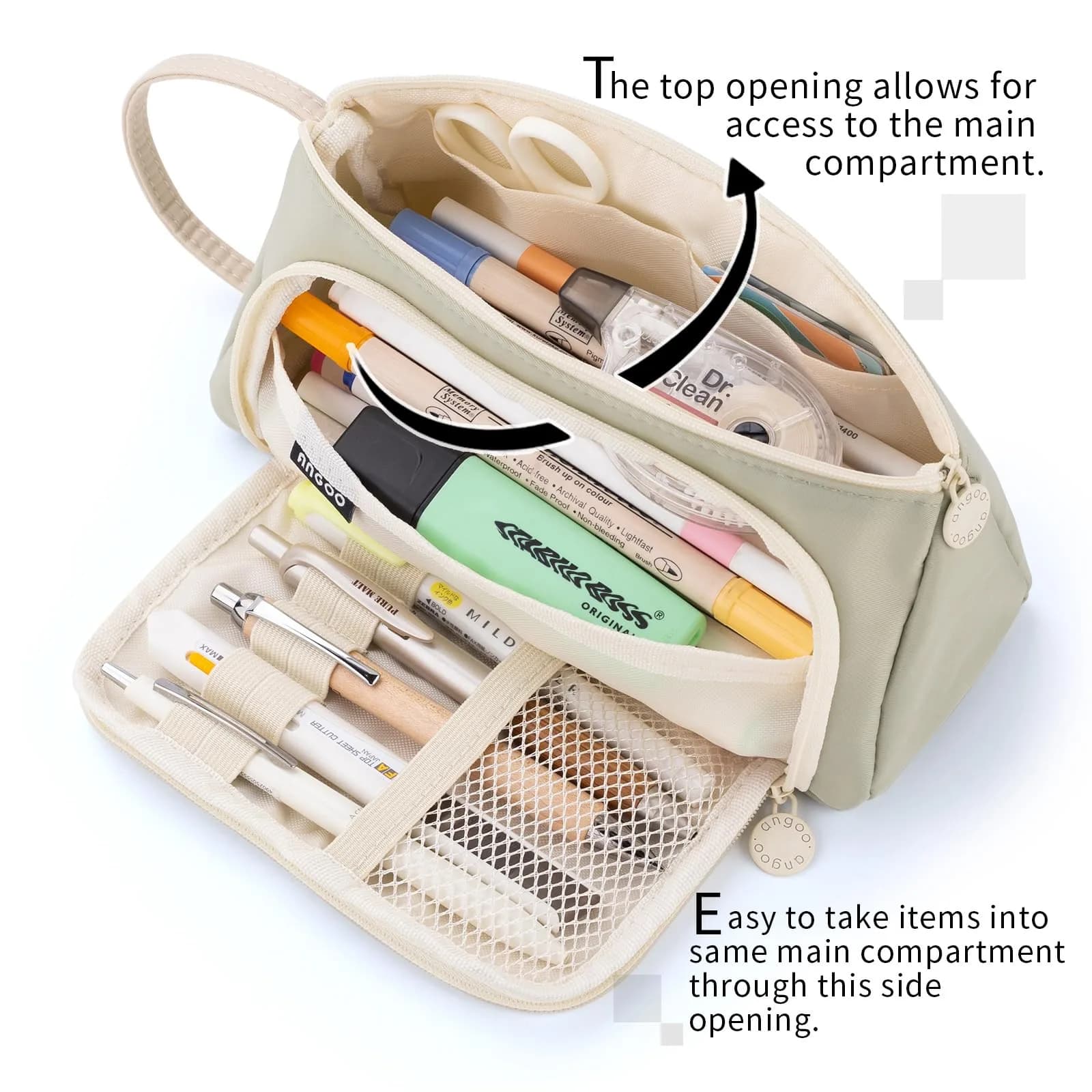 EASTHILL Large Capacity Pencil Case Organizer | Light Green XW Polyester Stationery Pouch with Handheld Band - view 2