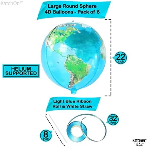 KatchOn 22 Inch Globe Balloons (Pack of 6) | 4D World Map Balloon for Earth Day Decorations thumbnail 3