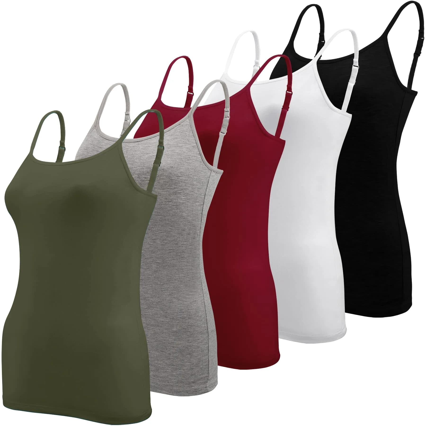 BQTQ Women's Camisole Tank Tops 5 Pack | Spaghetti Strap Undershirts, L — Black, White, Gray, Army Green, Darkred / XX-Large