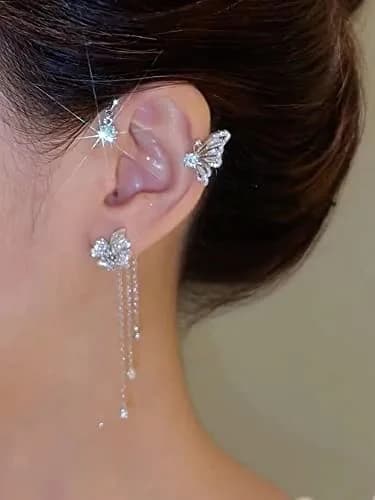 LAKIYOYO Silver 2Pcs Zircon Butterfly Ear Cuff Earrings | No Piercing Wrap Around Rhinestone Jewelry thumbnail 11