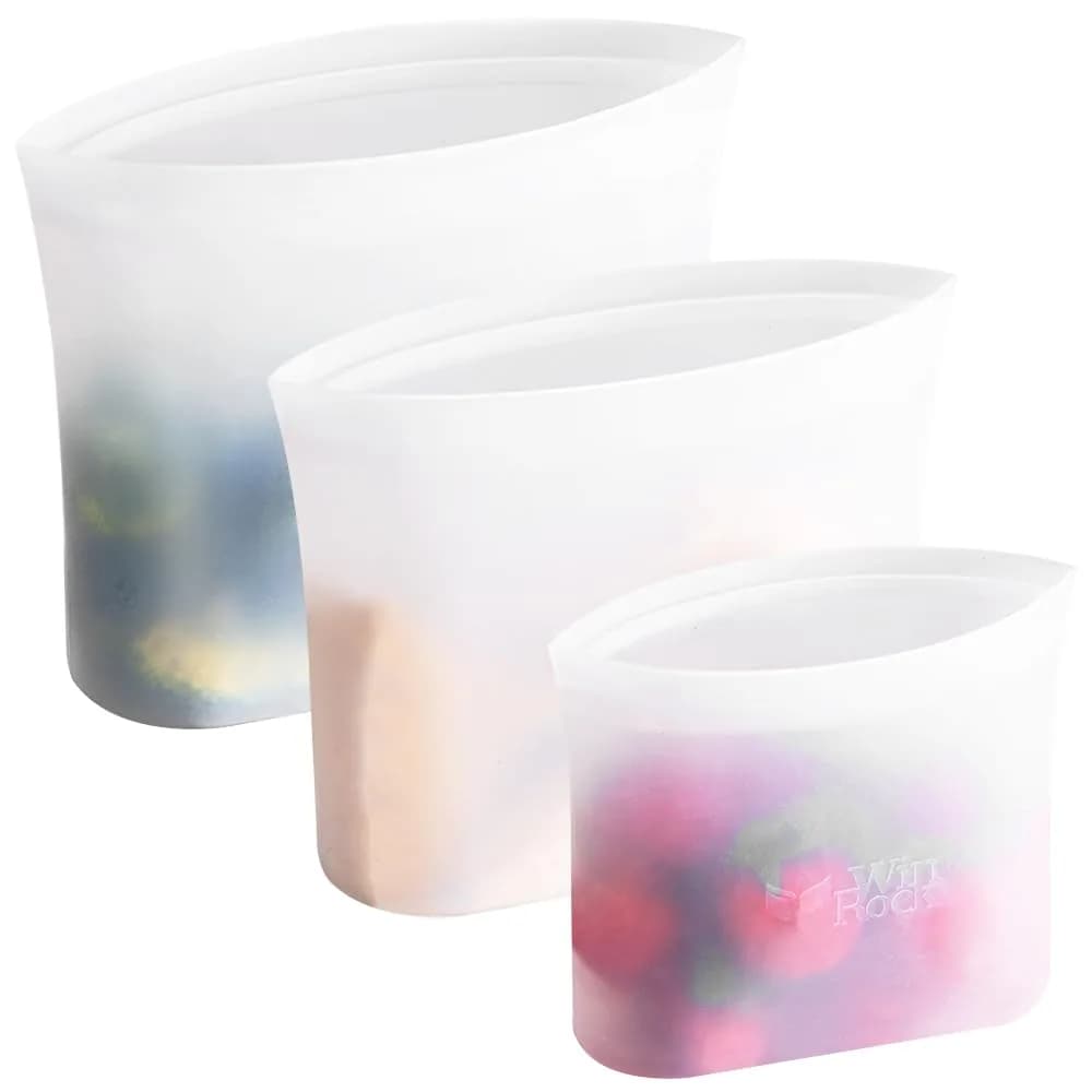 Winrock Reusable Silicone Food Storage Bags 3 Pack | Microwave & Dishwasher Safe, BPA Free, Stand Up Zip Containers (51oz, 34oz, 17oz) — 3 Size Set
