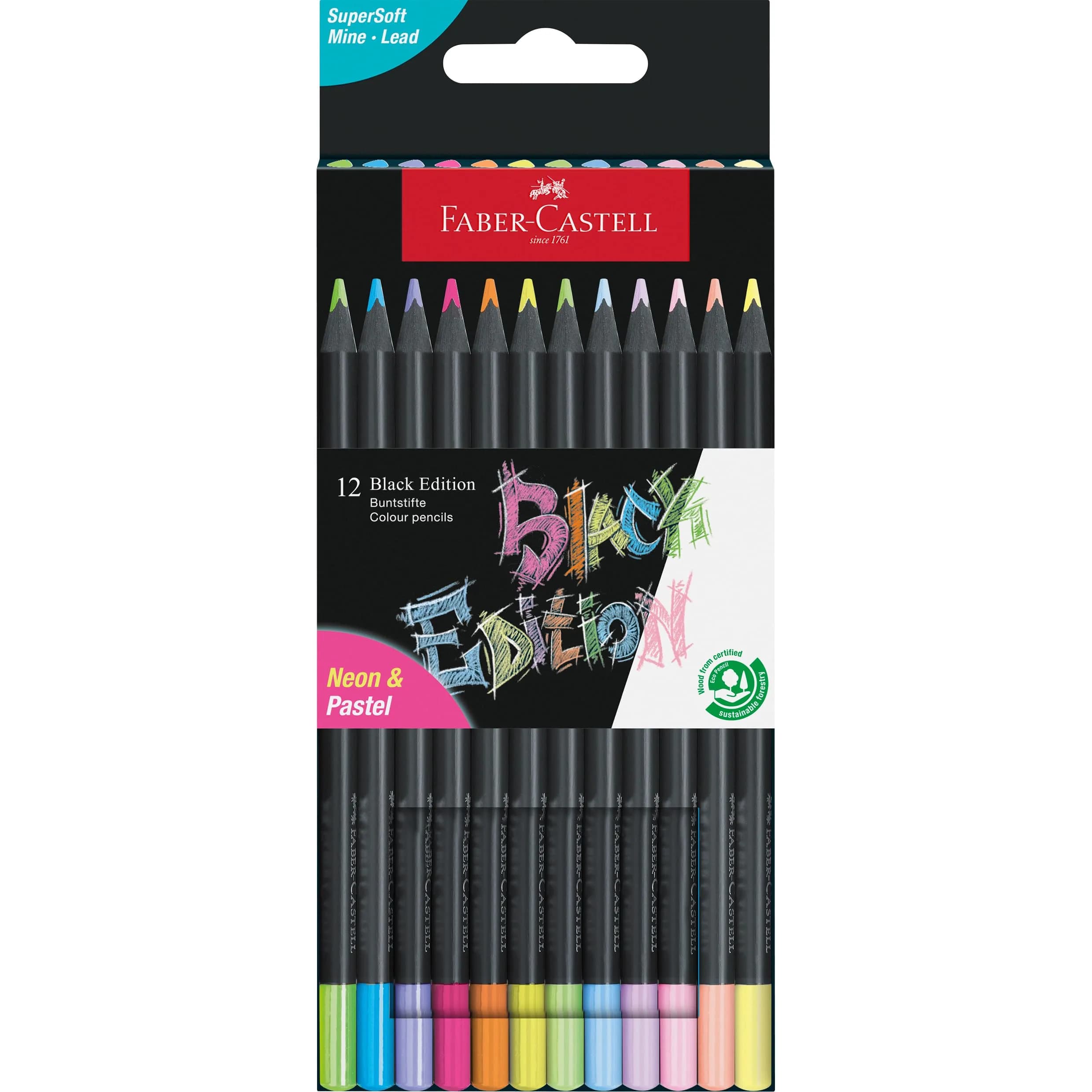 Faber-Castell Black Edition Colored Pencils, Neon & Pastel Colors | 12 Brilliant Art Pencils for Adults & Kids — Faber-Castell Black Edition Colored Pencils