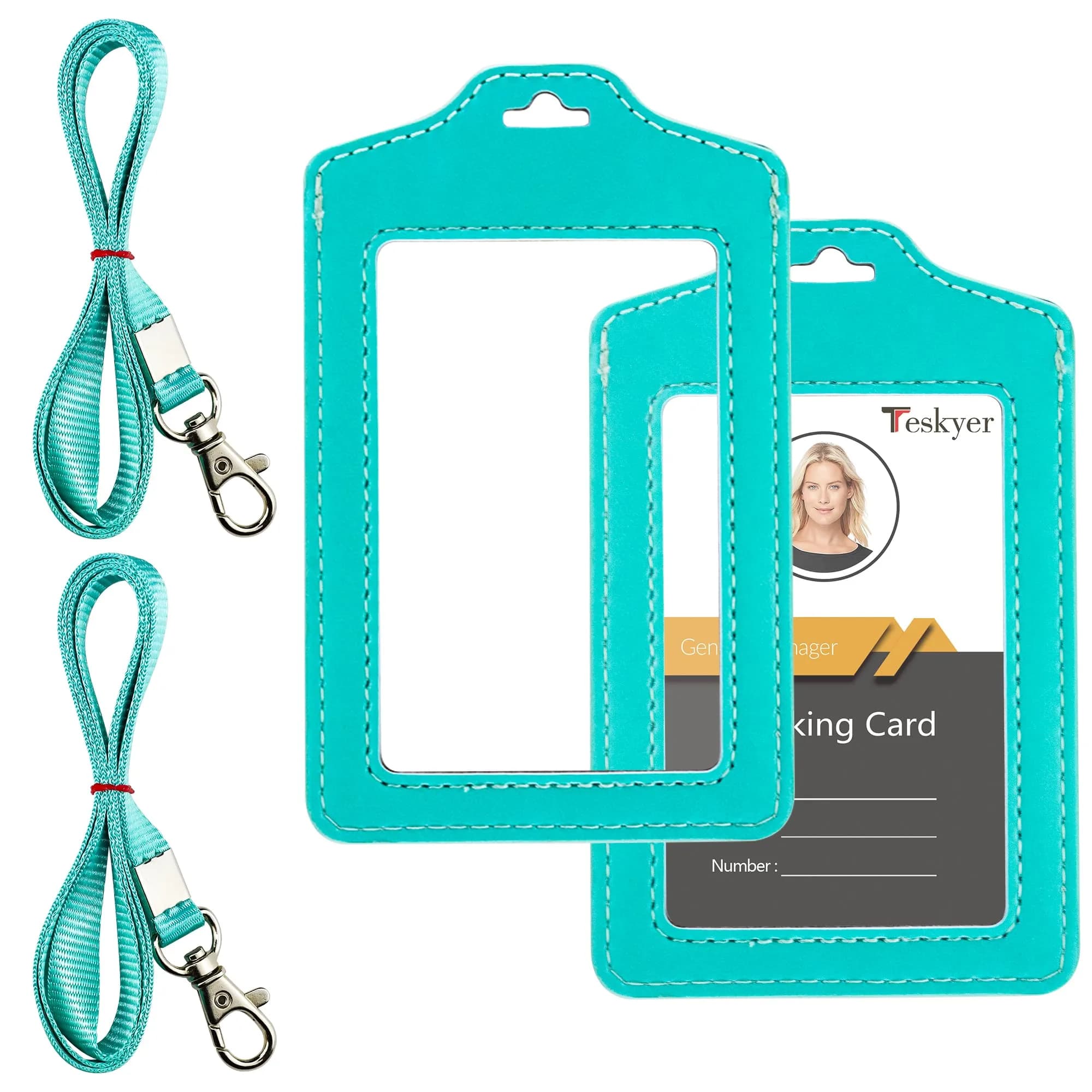 Teskyer Badge Holder with Lanyard Cyan | Double Sided Clear ID Card Holder for Work & School — Cyan