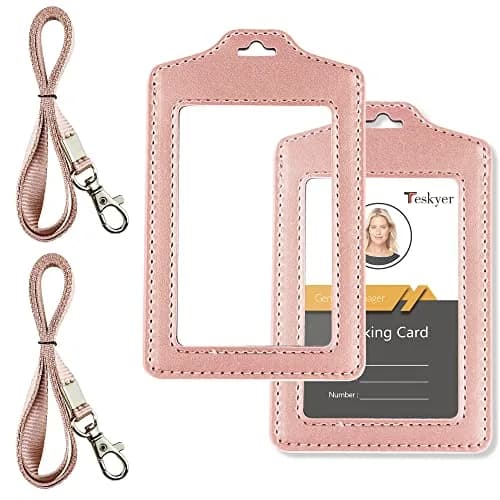 Teskyer Badge Holder Rose Gold | Double Sided, Durable PU Leather, 2-Pack, with Lanyard (2.7" x 4.5") thumbnail 1