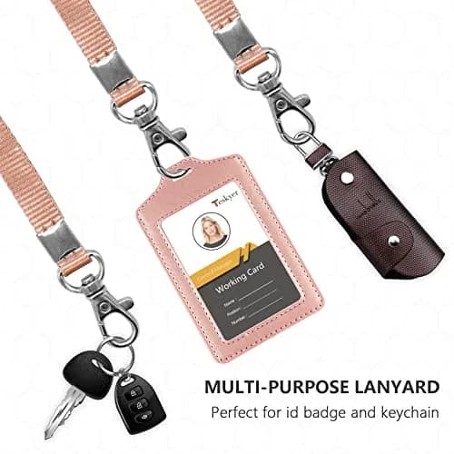 Teskyer Badge Holder Rose Gold | Double Sided, Durable PU Leather, 2-Pack, with Lanyard (2.7" x 4.5") thumbnail 4