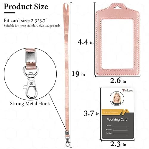 Teskyer Badge Holder Rose Gold | Double Sided, Durable PU Leather, 2-Pack, with Lanyard (2.7" x 4.5") thumbnail 3