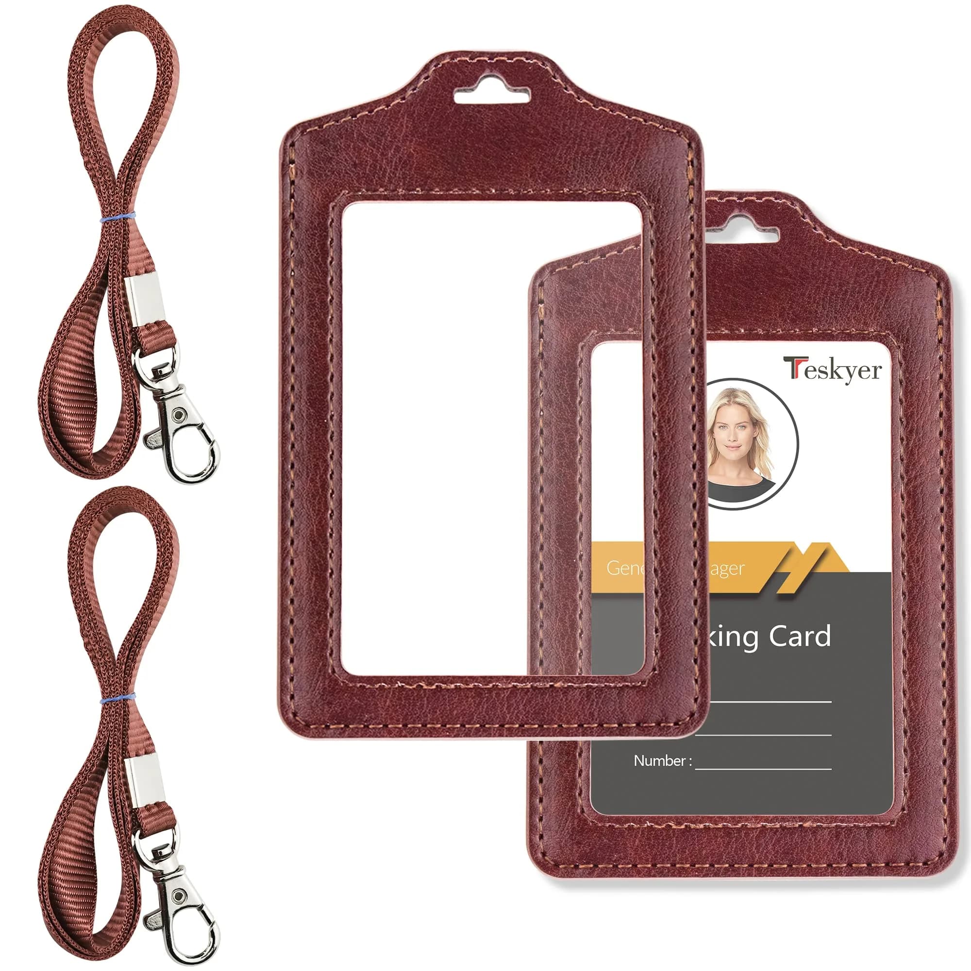 Teskyer Badge Holder with Lanyard | Double Sided Clear ID Card Holder, Brown | Professional Office & School Access — Brown