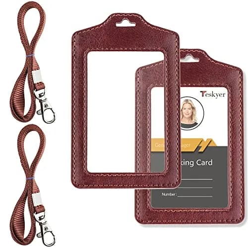 Teskyer Badge Holder with Lanyard | Double Sided Clear ID Card Holder, Brown | Professional Office & School Access thumbnail 1