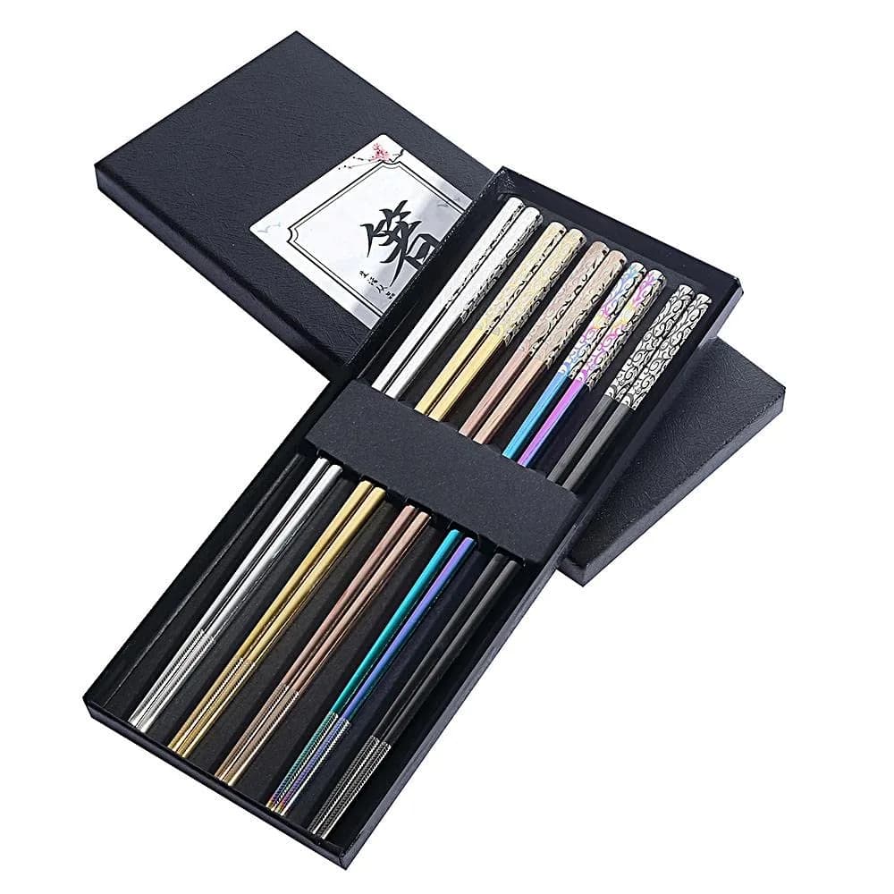 MOXILYN Metal Chopsticks Reusable Titanium Plated Stainless Steel 9.25 inch | Non-Slip for Beginners Gift Set — Gold