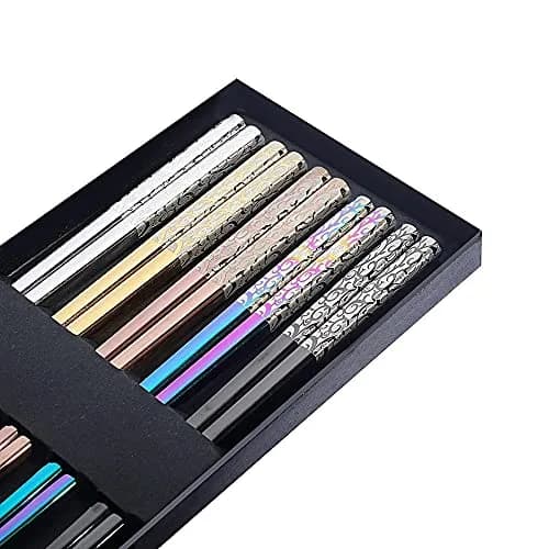 MOXILYN Metal Chopsticks Reusable Titanium Plated Stainless Steel 9.25 inch | Non-Slip for Beginners Gift Set thumbnail 4