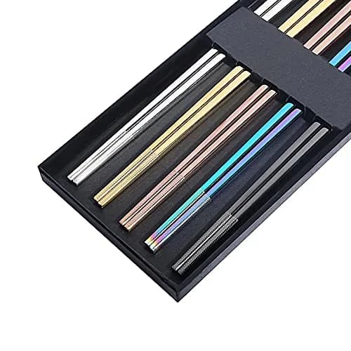 MOXILYN Metal Chopsticks Reusable Titanium Plated Stainless Steel 9.25 inch | Non-Slip for Beginners Gift Set thumbnail 5