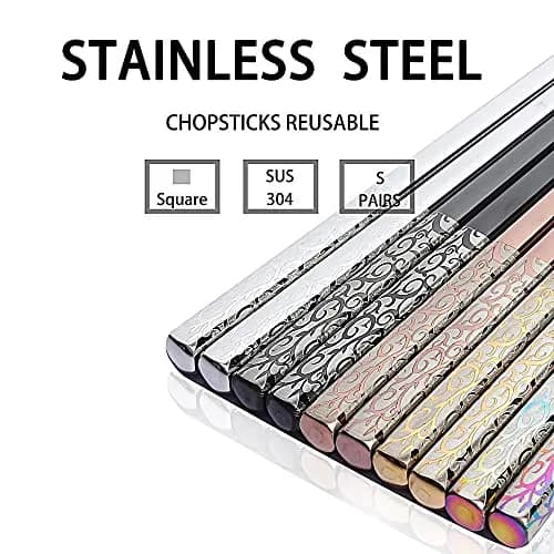 MOXILYN Metal Chopsticks Reusable Titanium Plated Stainless Steel 9.25 inch | Non-Slip for Beginners Gift Set thumbnail 2