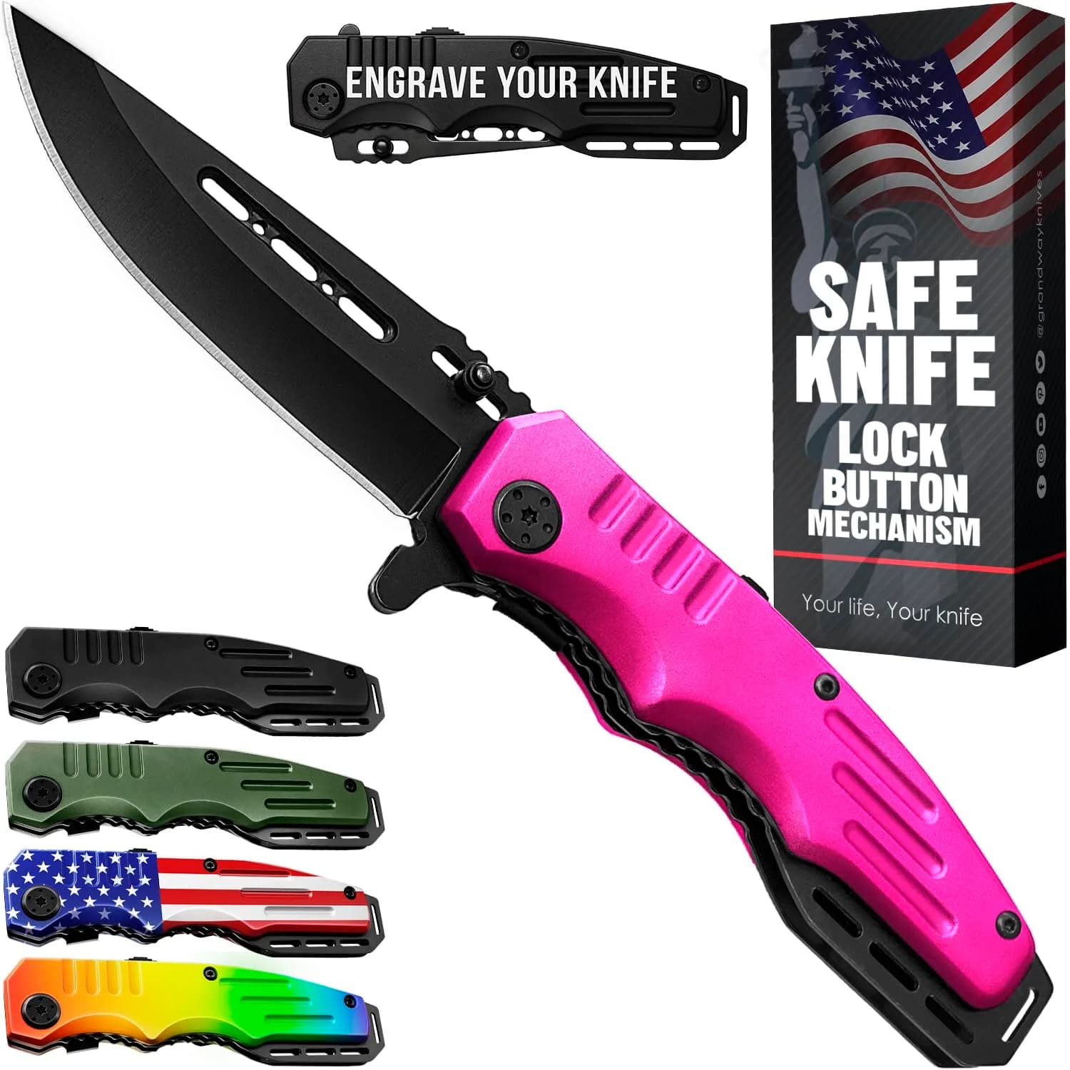 Grand Way Safety Lock Pocket Knife for Women - Pink Folding Knife | Self Defense & Food Prep