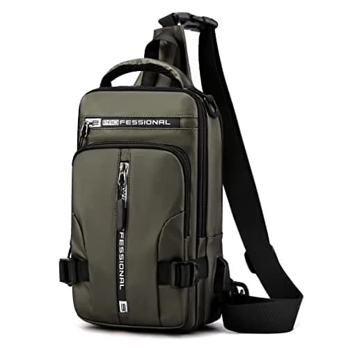 Hebetag Nylon Casual Sling Bag Backpack Handbag for Men Travel Outdoors Sports Hiking Crossbody Chest Pack Shoulder Pouch Multipurpose Daypack, with USB charging port (Army Green) thumbnail 1