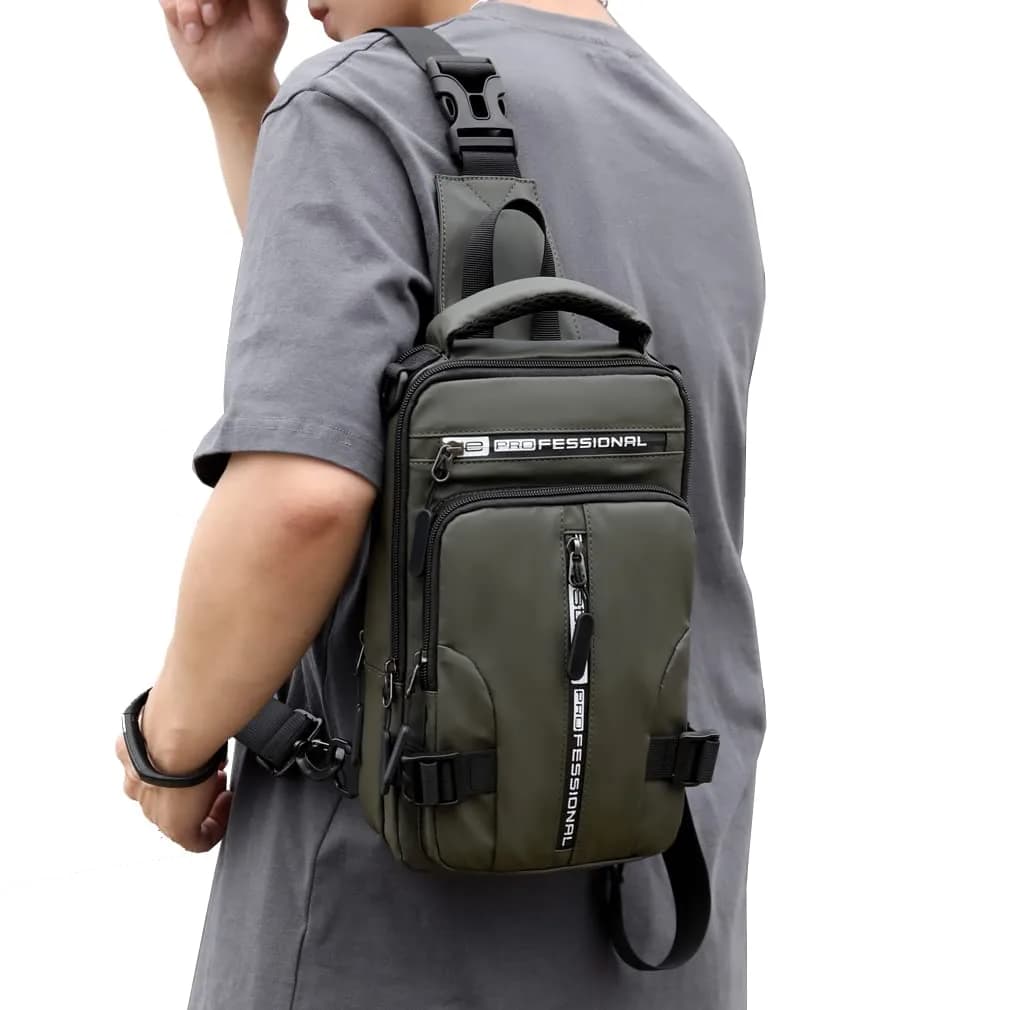 Hebetag Nylon Casual Sling Bag Backpack Handbag for Men Travel Outdoors Sports Hiking Crossbody Chest Pack Shoulder Pouch Multipurpose Daypack, with USB charging port (Army Green) - view 4