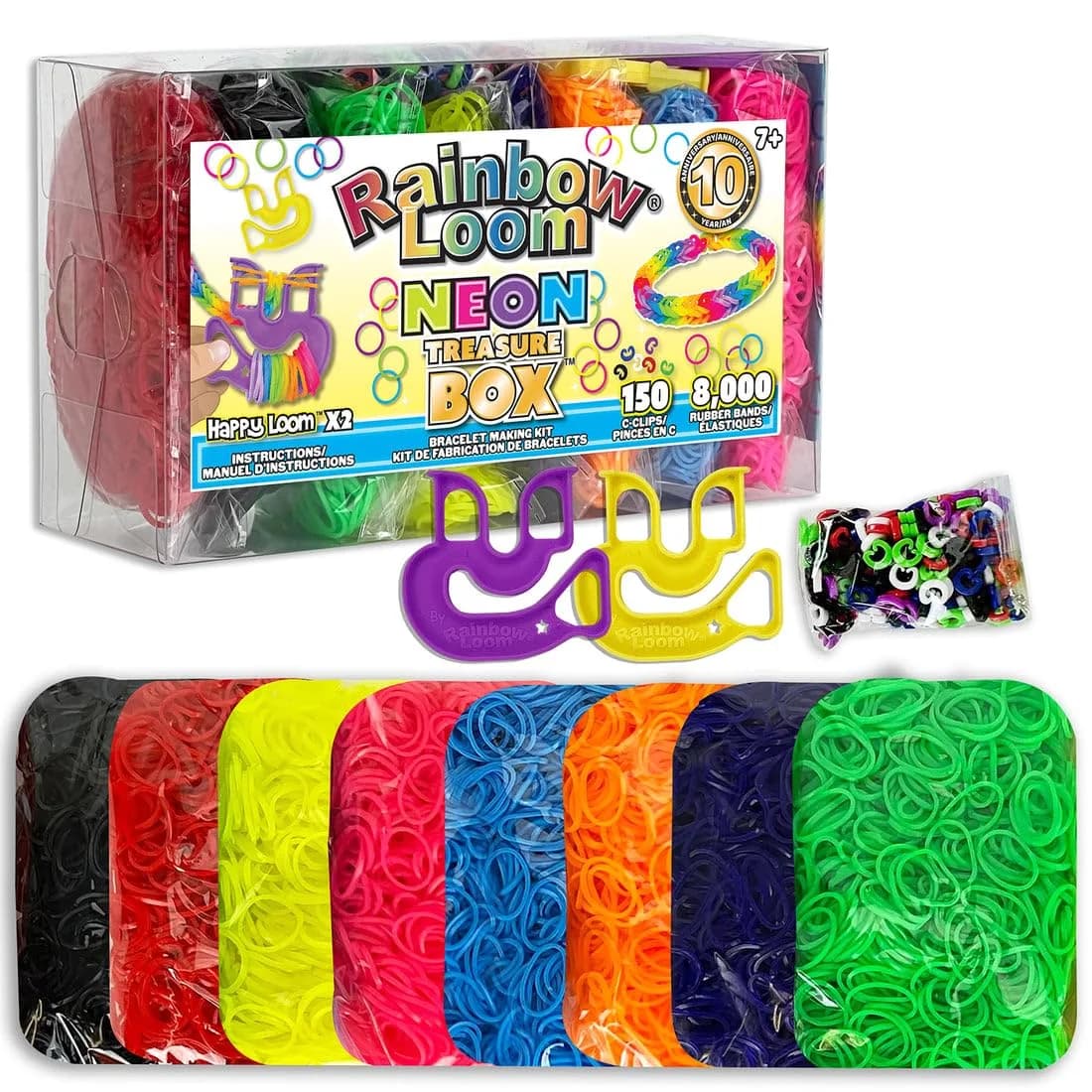 Rainbow Loom Treasure Box Neon Edition - 8000 Neon Rubber Bands & 150 C-Clips | 355.6 cm (14 in) Width