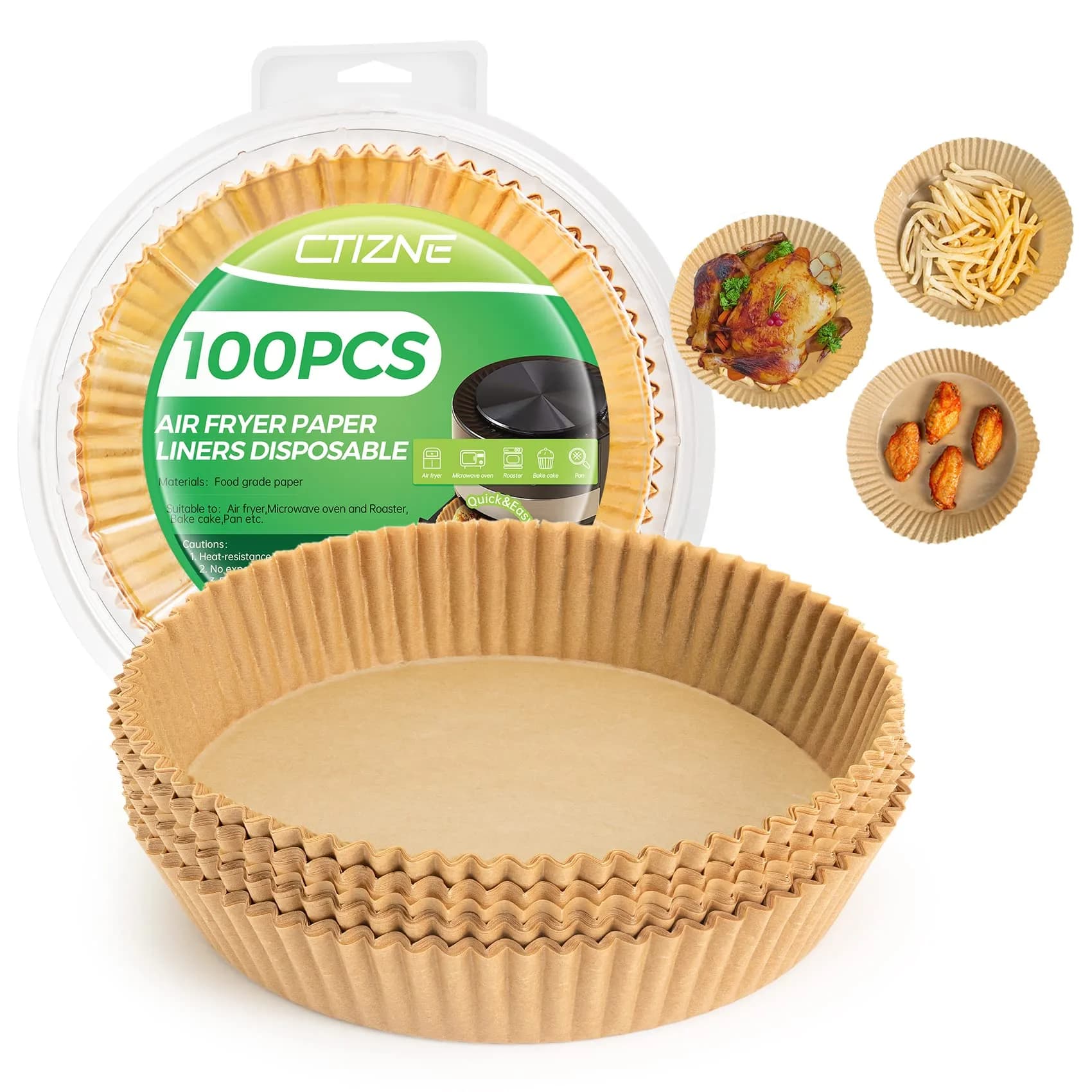 ctizne Disposable Air Fryer Paper Liners (100PCS, 8-Inch Round) | Grease-Proof Non-Stick Basket Liners for Baking - main product image