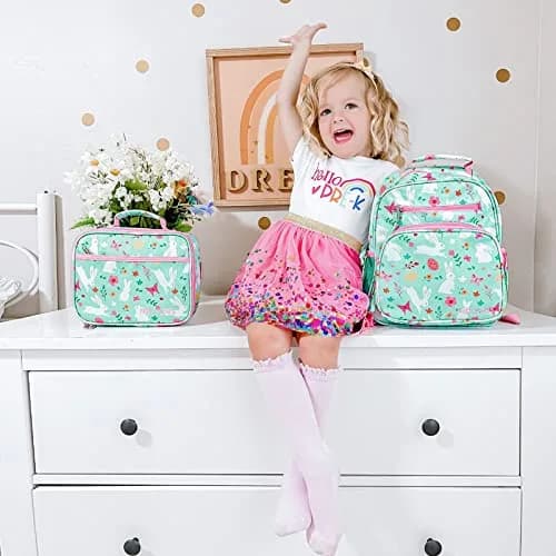 mibasies Kids Lunch Box for Girls, Insulated Lunch Bag School Kindergarten Rabbit Mint Green | Durable & Easy-Clean thumbnail 2