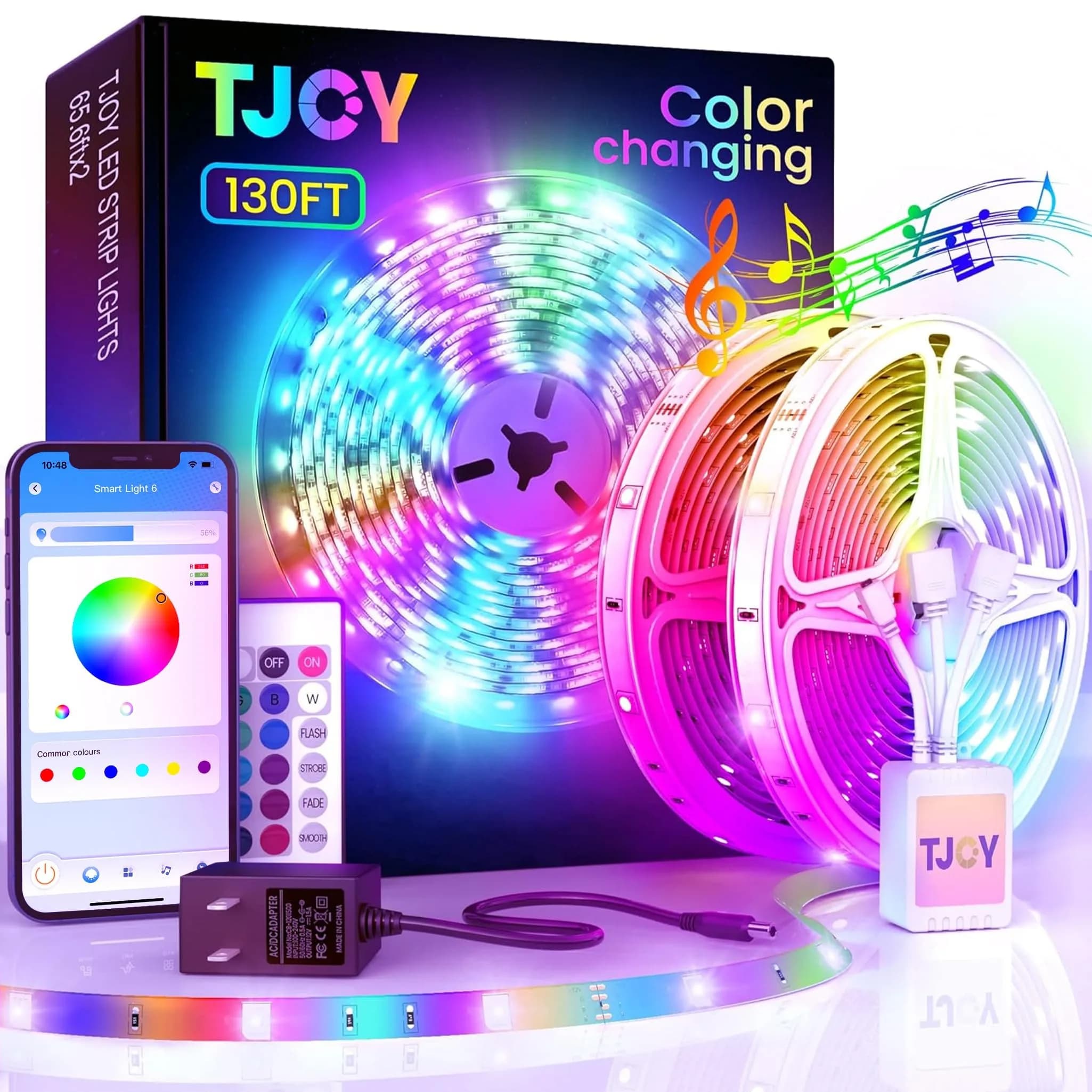 TJOY 130ft Bluetooth LED Strip Lights | RGB Color Changing, Music Sync, App Control, Indoor Use — 130 ft