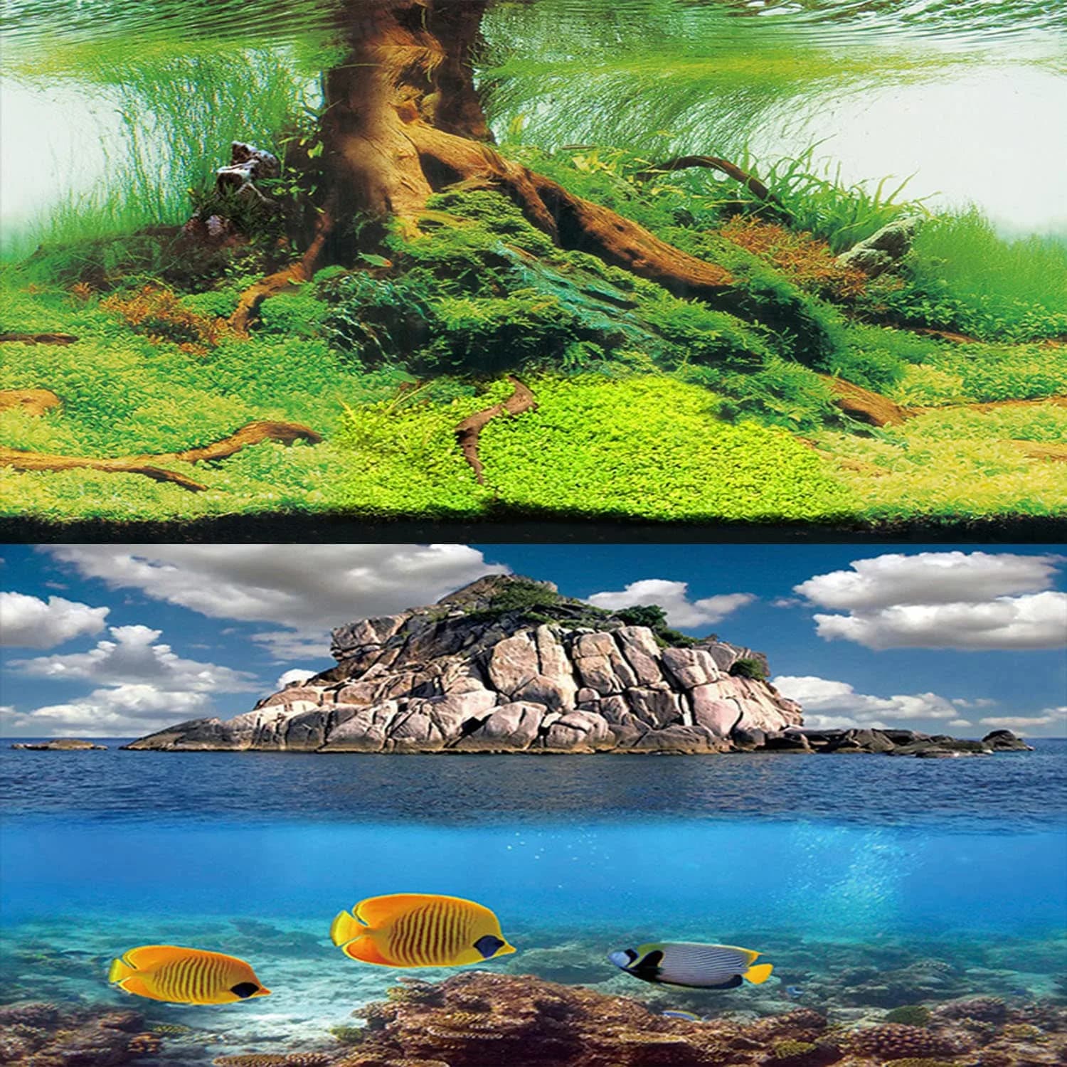 ELEBOX 3D Aquarium Background Double Sides Fish Tank Wallpaper 19.5"x48" | Realistic Underwater Scene with Depth — M