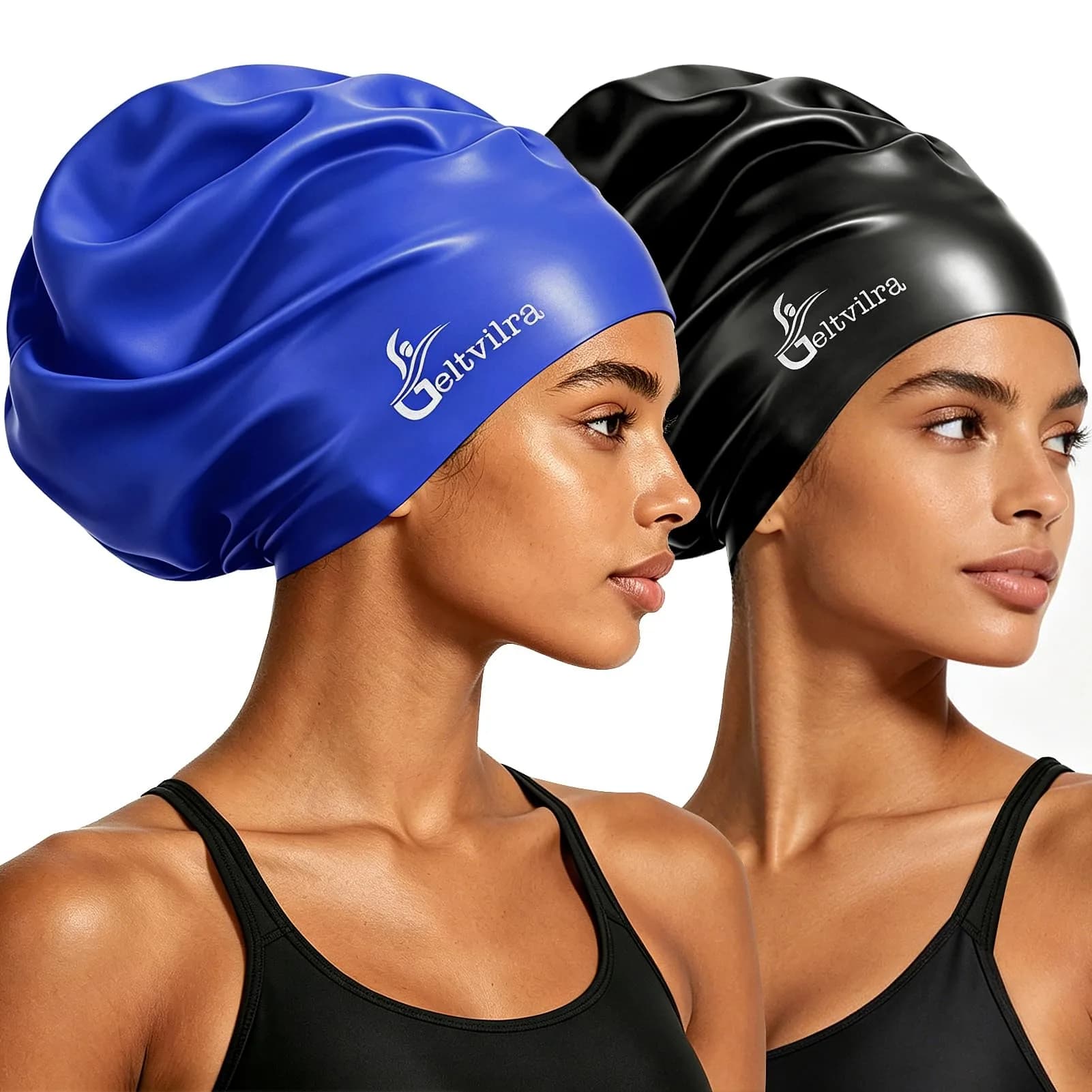 Geltvilra Extra Large Swim Cap for Braids and Dreadlocks Silicone Swimming Cap for Long Thick Curly Weaves Afro Hair Extensions (Blue, Fuchsia) | Roomy & Durable — Black, Blue