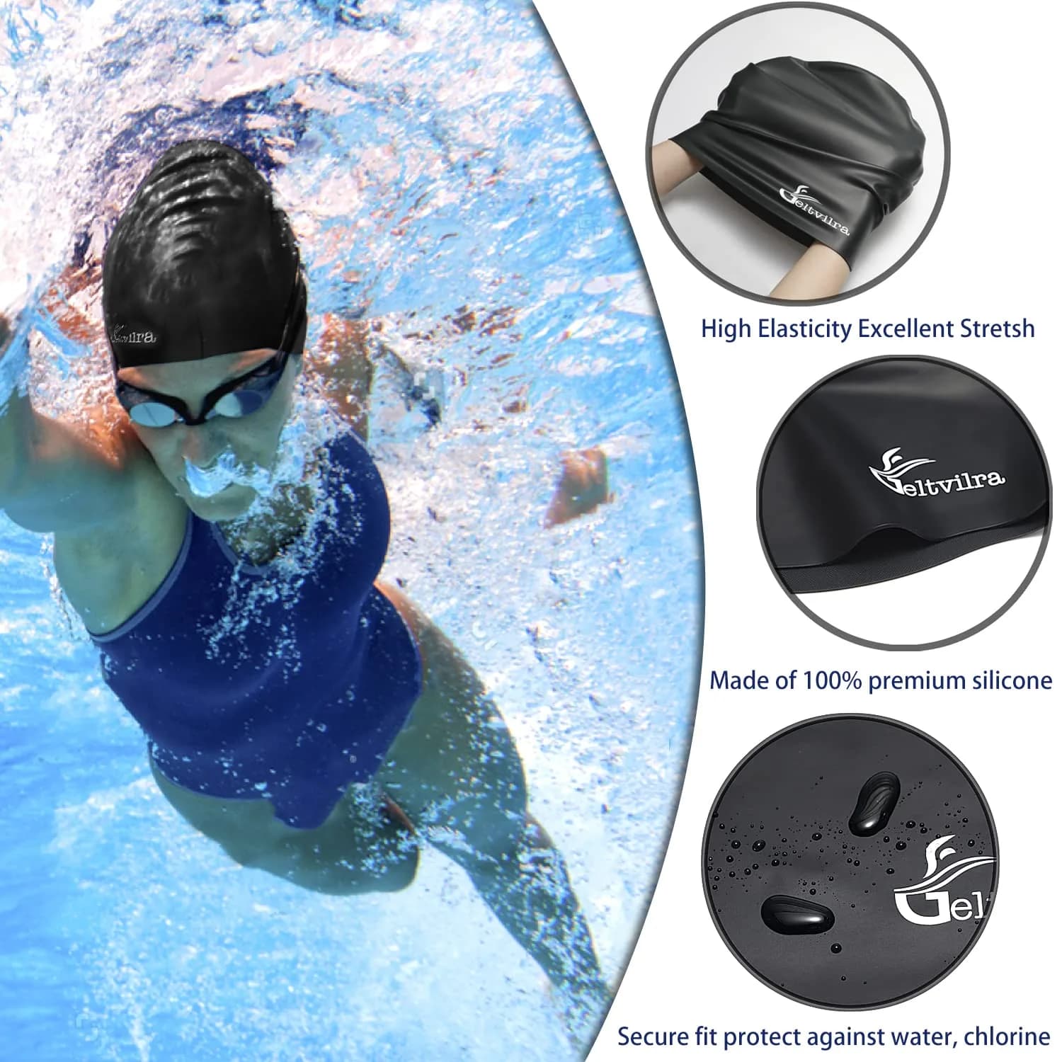 Geltvilra Extra Large Swim Cap for Braids and Dreadlocks | Silicone Long Hair Cap for Women Men (Black, Blue) thumbnail 2