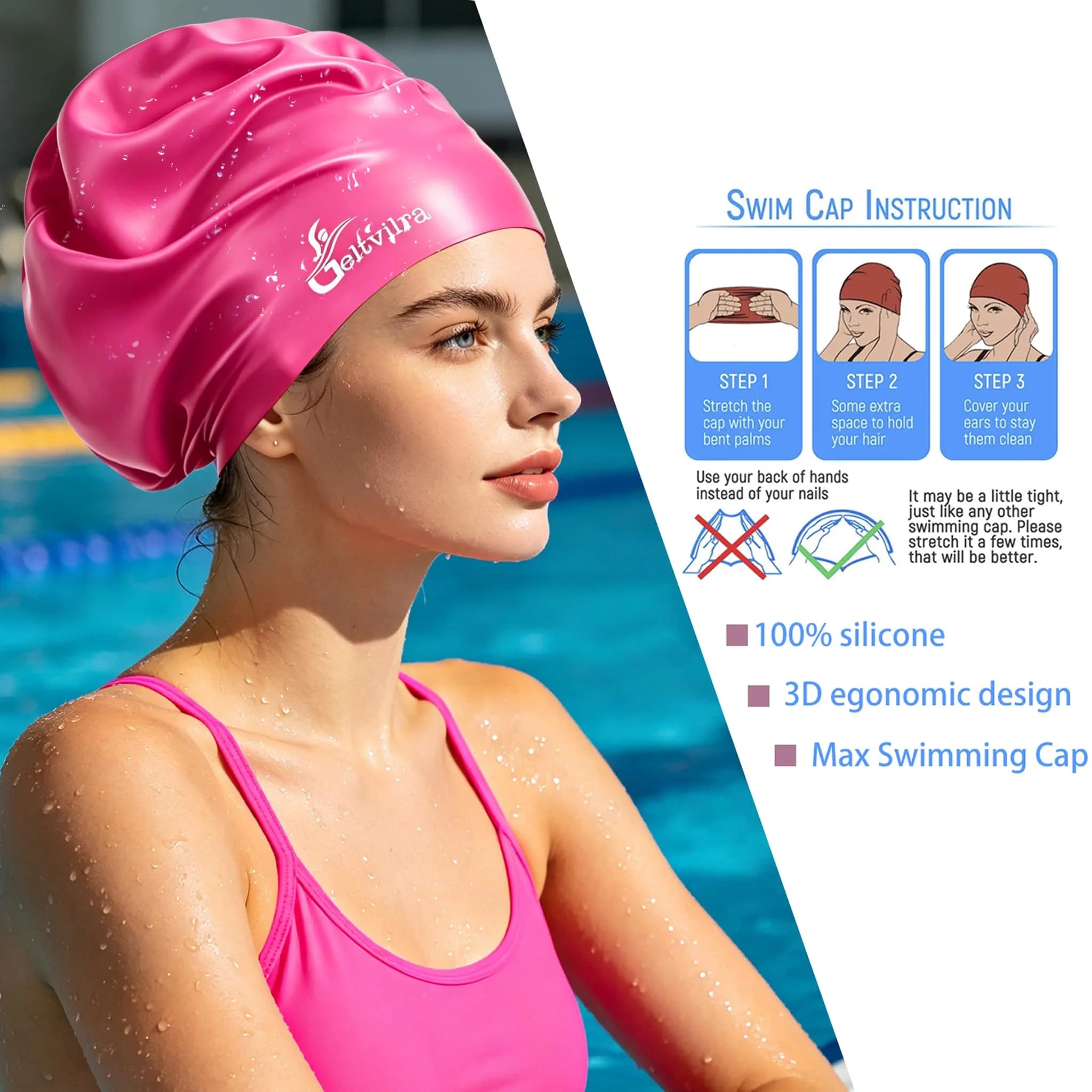 Geltvilra Extra Large Swim Cap for Braids and Dreadlocks | Silicone Long Hair Cap for Women Men (Black, Blue) thumbnail 4
