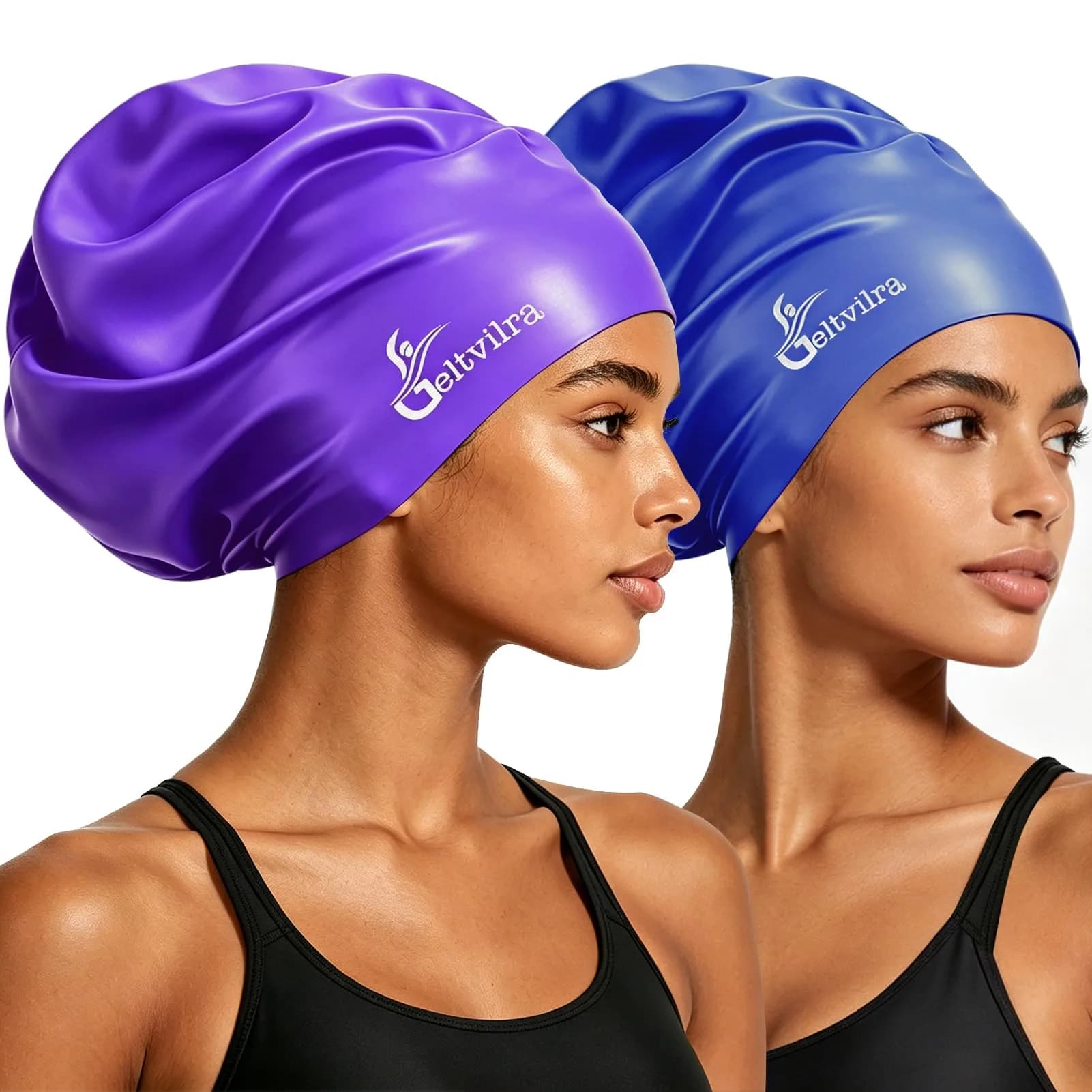Geltvilra Extra Large Swim Cap for Braids and Dreadlocks | Silicone Long Hair Cap for Women Men (Blue, Purple) — Blue, Purple