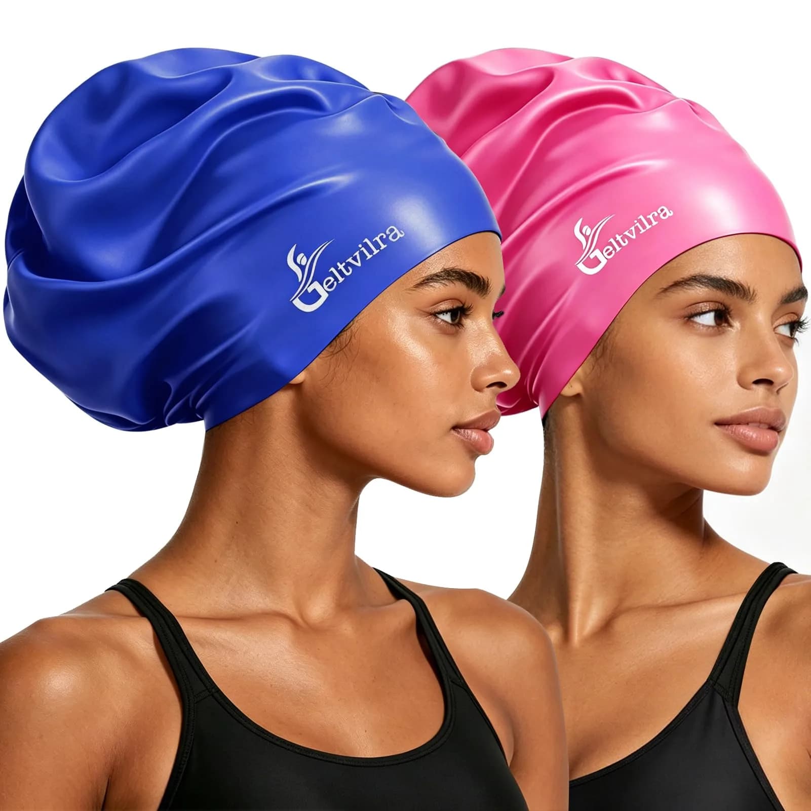 Geltvilra Extra Large Swim Cap for Braids and Dreadlocks Silicone Swimming Cap for Long Thick Curly Weaves Afro Hair Extensions (Blue, Fuchsia) | Roomy & Durable — Blue, Fuchsia