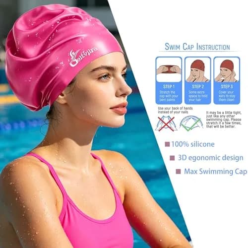 Geltvilra Extra Large Swim Cap for Braids and Dreadlocks Silicone Swimming Cap for Long Thick Curly Weaves Afro Hair Extensions (Blue, Fuchsia) | Roomy & Durable thumbnail 4