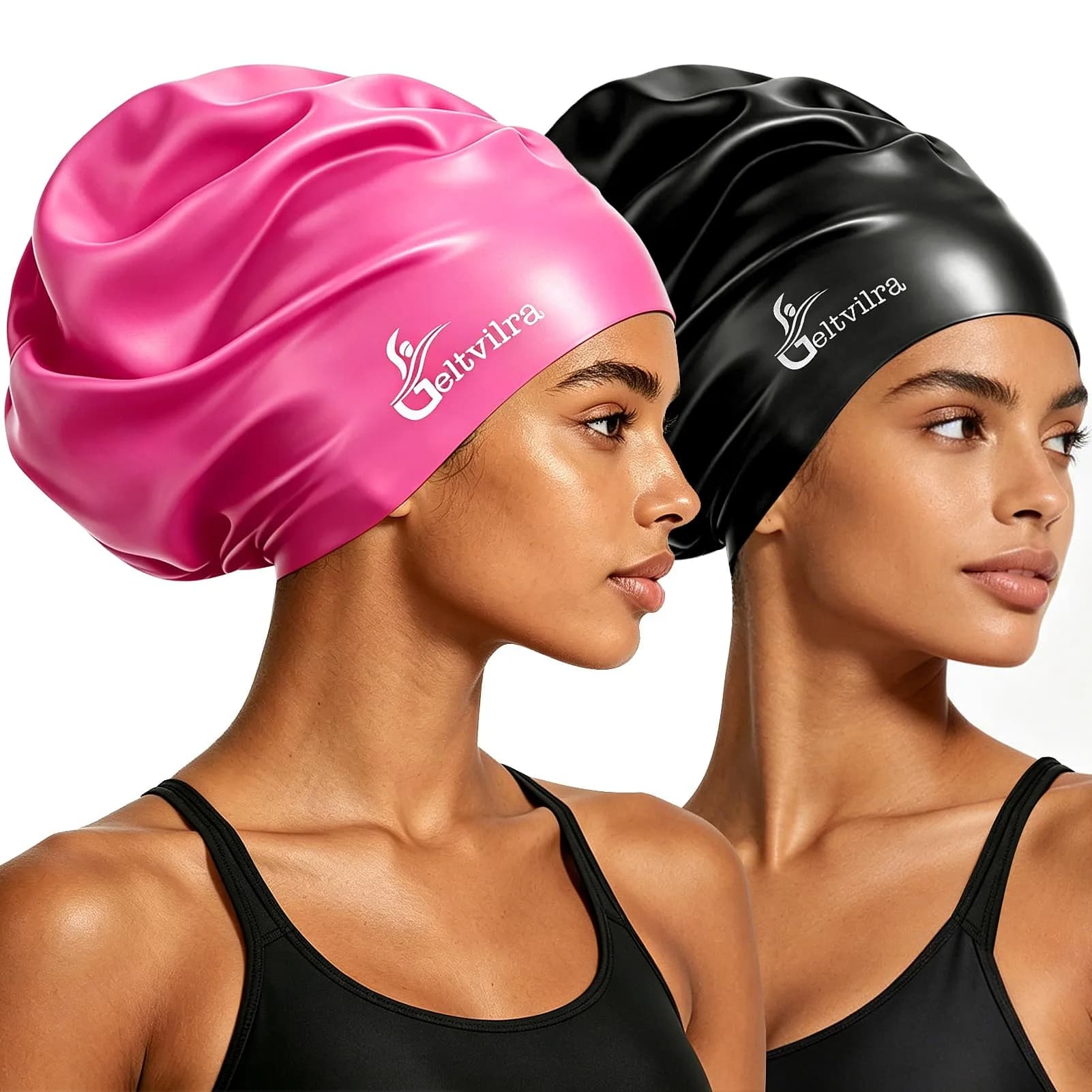 Geltvilra Extra Large Silicone Swim Cap for Braids & Dreadlocks | Long Thick Curly Hair (Black, Fuchsia) | Unisex — Black, Fuchsia