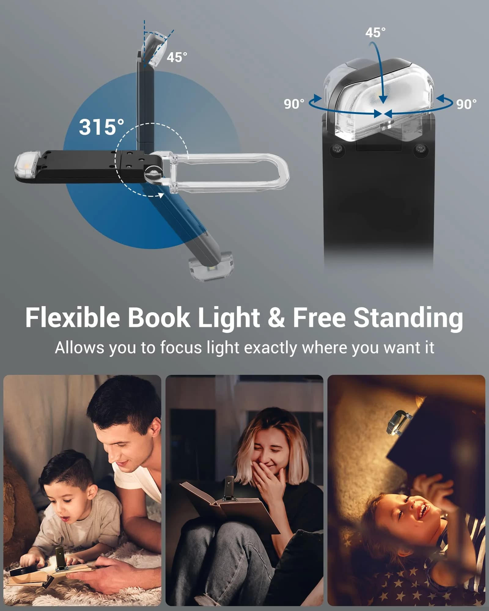 DEWENWILS Black Clip-On Book Reading Light with USB Rechargeable Battery - view 4