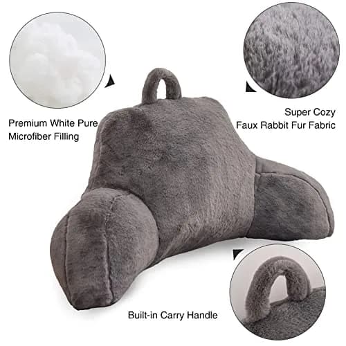 Aimuan Bed Rest Pillow with Arms | Rabbit Fur Cushion for Adults & Teens, 18in Support, Grey thumbnail 4