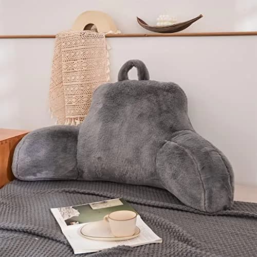Aimuan Bed Rest Pillow with Arms | Rabbit Fur Cushion for Adults & Teens, 18in Support, Grey thumbnail 6