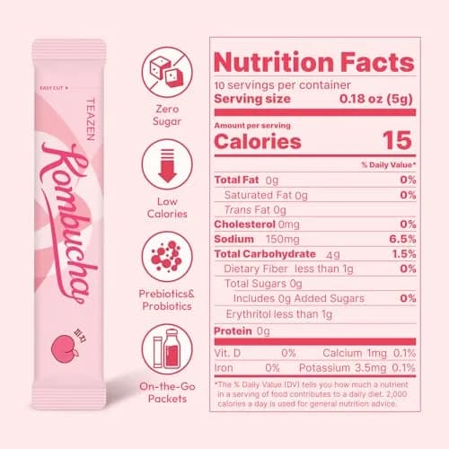 TEAZEN Peach Kombucha Powder 1.76oz | Hydration & Probiotics, Sugar-Free, Live Cultures, On-the-Go Pack thumbnail 5