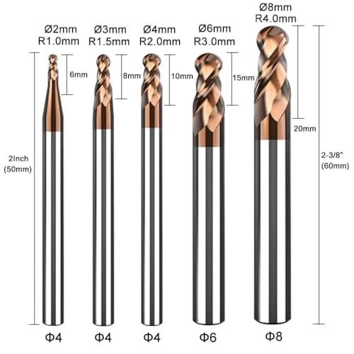 ASNOMY 1-4mm Ball Nose Carbide End Mill Set 5 Pcs | Solid Carbide HRC55 AlTiN Coated CNC Cutter Router Bits for Steel thumbnail 7
