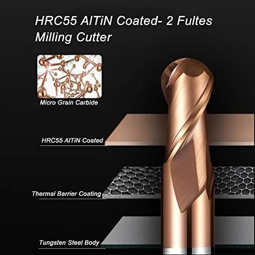 ASNOMY 1-4mm Ball Nose Carbide End Mill Set 5 Pcs | Solid Carbide HRC55 AlTiN Coated CNC Cutter Router Bits for Steel thumbnail 2