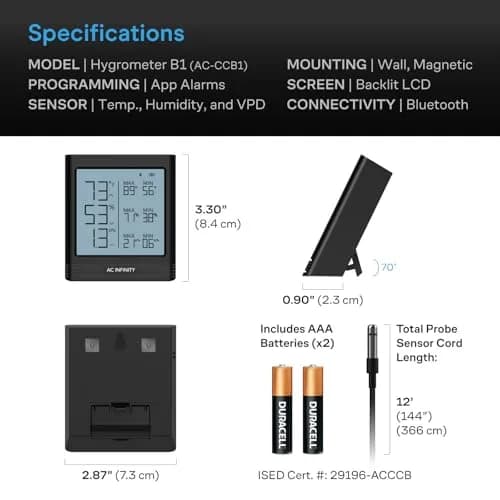 AC Infinity Smart Hygrometer B1 Temperature Humidity VPD Monitor with Bluetooth App | 5.7cm (2.25 in) thumbnail 6
