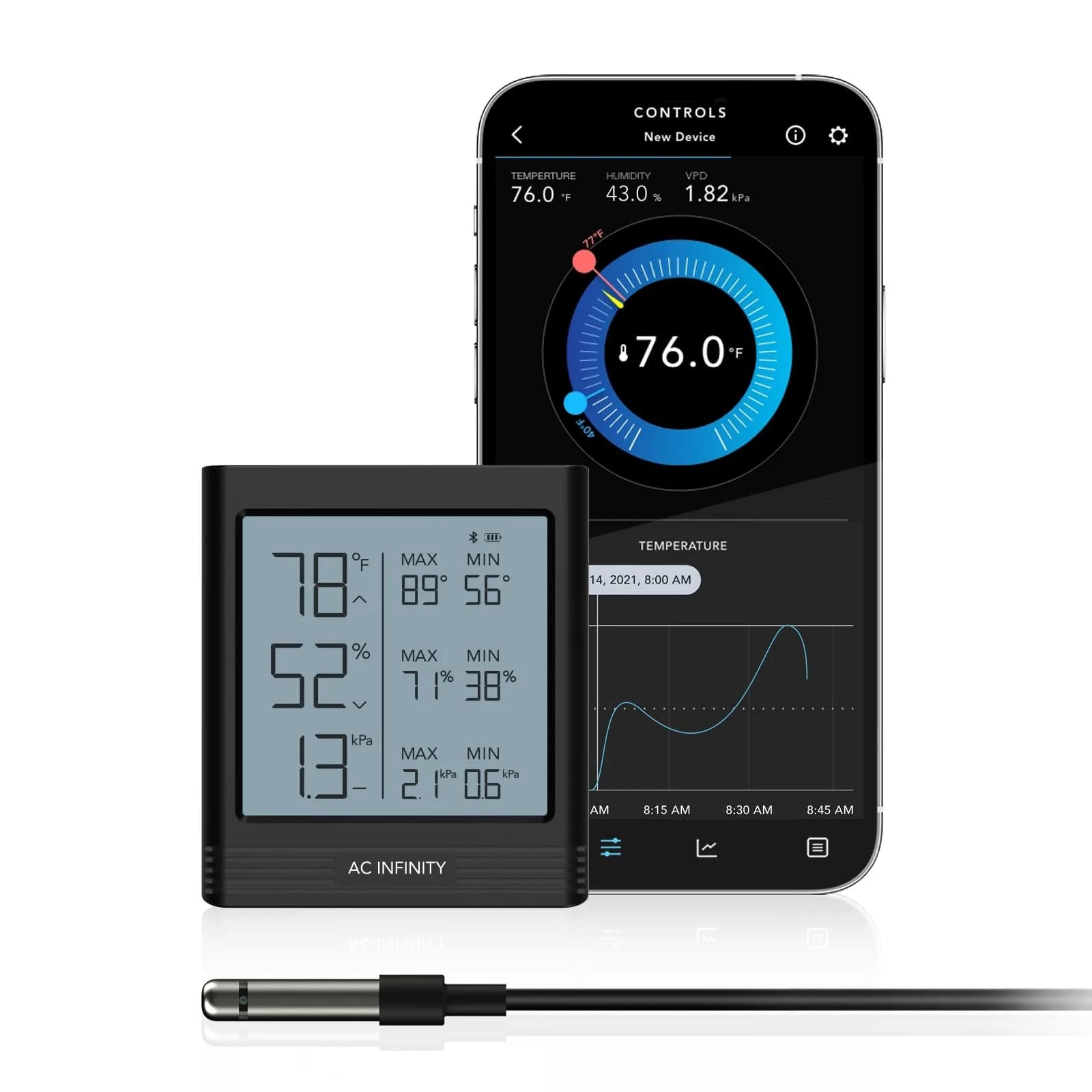 AC Infinity Smart Hygrometer B1 Temperature Humidity VPD Monitor with Bluetooth App | 5.7cm (2.25 in) — Ranged Sensor