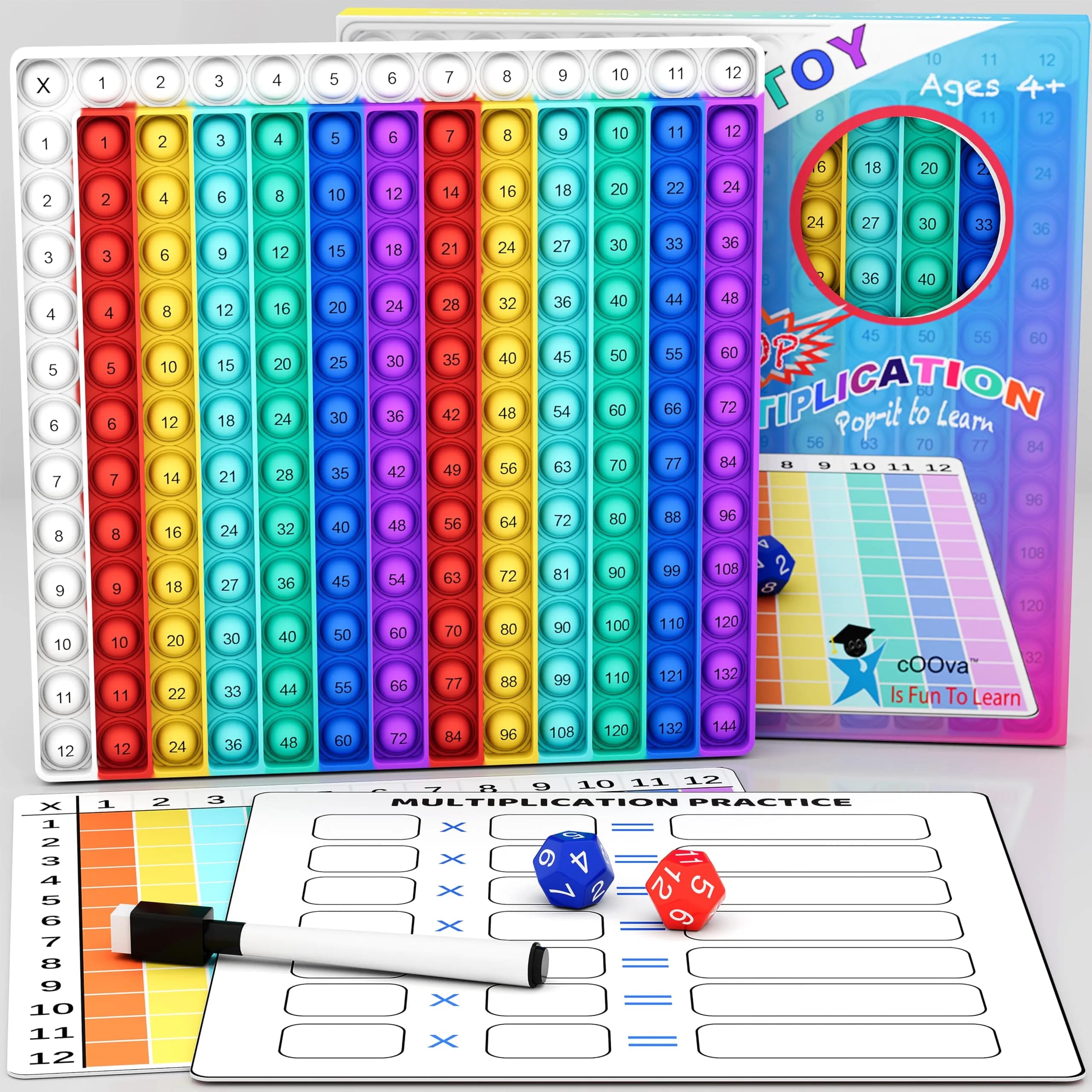 COOVA Multiplication Chart Pop It - Interactive Math Fidget Toy, 9.25 x 9.25 inches, Multi-color for Kids Learning — Multiplication Pop It